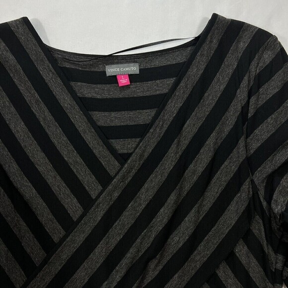 Vince Camuto Gray Black‎ Stripe Layer Crossover 3/4 Sleeve V Neck Stretch Top L - Picture 5 of 11